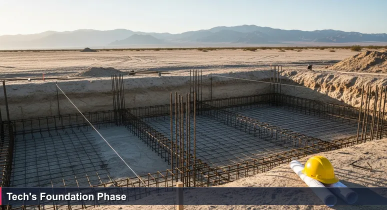 A desert dawn scene with a construction trench showing rebar grids and fresh concrete, a helmet on a blueprint, symbolizing the foundation of tech careers in Surprise, Arizona.