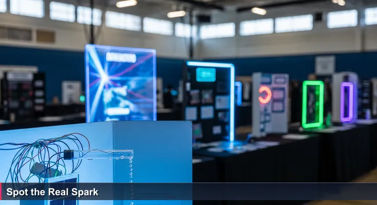 A science fair project with a crooked poster board labeled 'Solar-Powered Desert Irrigation', featuring wires and a solar panel, symbolizing the raw potential of AI startups in Surprise, AZ.