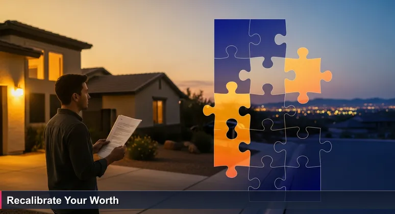 A professional in Surprise, AZ at dusk, holding a salary appraisal, looking thoughtfully from the document to their home and the Phoenix tech skyline.