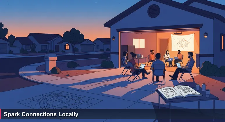 A suburban garage in Surprise, AZ at dusk, with neighbors gathered for an AI meetup, sharing snacks and discussing projects with laptops and a projector