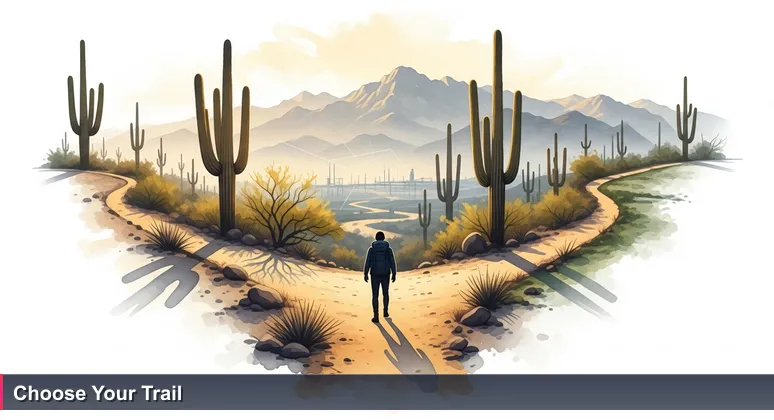 A hiker at a desert trail junction at sunrise, with paths leading to mountains, valleys, and green areas, symbolizing AI career choices in Surprise, AZ's tech landscape.