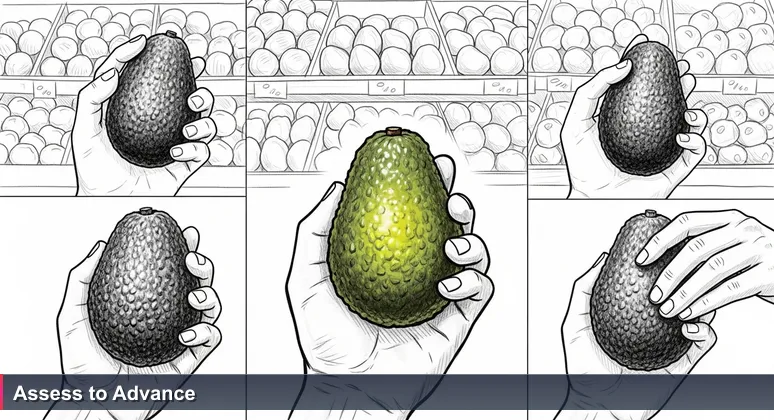 Hands squeezing avocados in a grocery aisle, symbolizing the careful assessment of AI bootcamps in Surprise, Arizona for career growth in 2026.