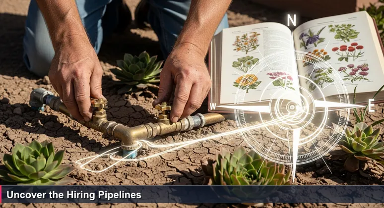 A gardener's hand adjusting irrigation valves in dry Arizona soil, symbolizing hidden cybersecurity job pipelines in Surprise, AZ.