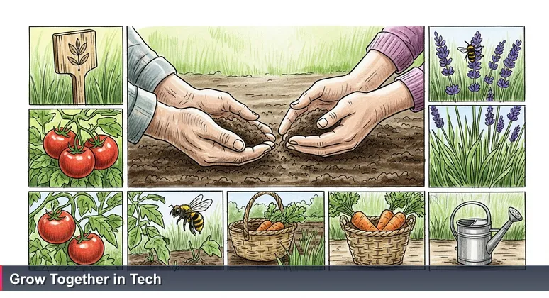 Close-up of intergenerational hands sharing soil in a Surprise community garden, symbolizing free tech education and mentorship.