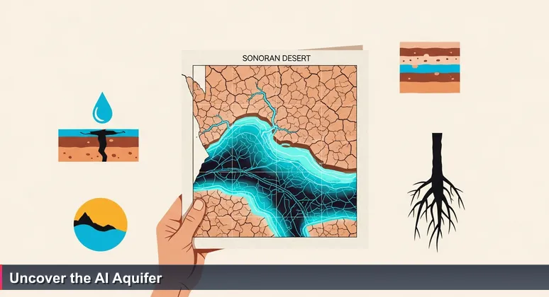 A hand holding a geological map of the Sonoran Desert with cracked earth, overlaid with a subtle blueprint of a hidden aquifer system, symbolizing AI job opportunities in Surprise.