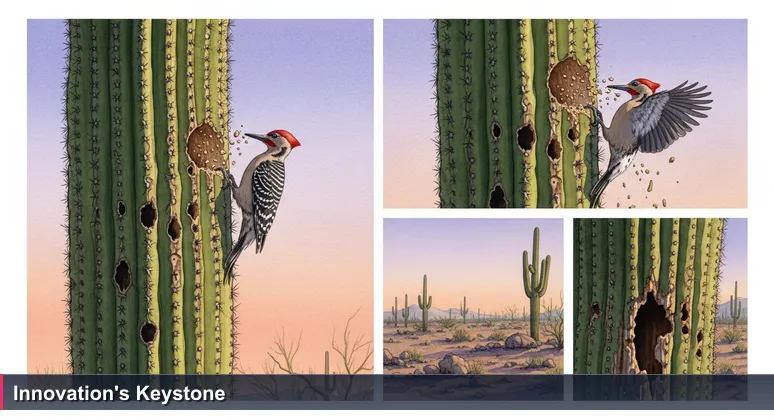 A Gila woodpecker creating a nest in a saguaro cactus at dusk, symbolizing tech professionals building careers in Surprise's thriving coworking ecosystems.