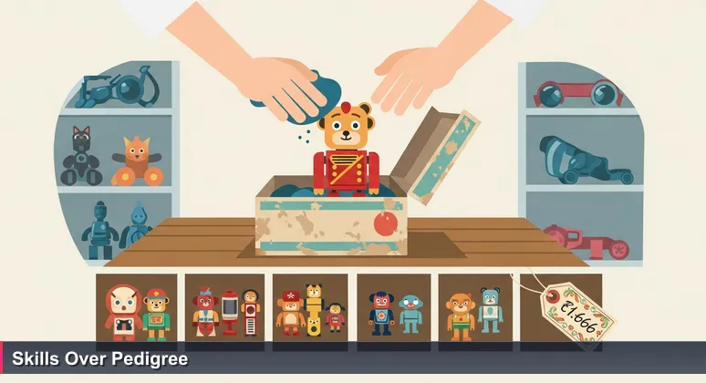 Hands dusting off a vintage toy in its box at a Surprise swap meet, with a handwritten price tag showing high value, symbolizing the reevaluation of tech skills over degrees.