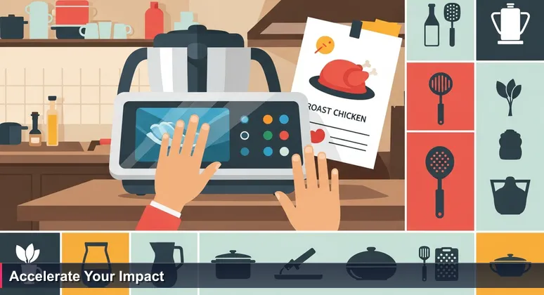 Close-up of hesitant hands using a digital combi-oven control panel with a roast chicken recipe card in a modern kitchen, symbolizing junior developers mastering AI tools in Surprise startups.