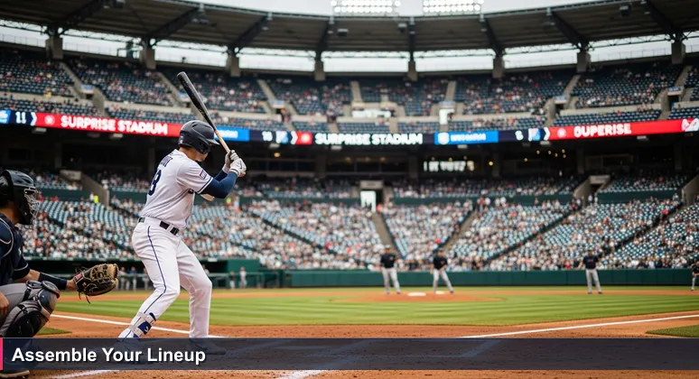 A female tech professional standing alone in the batter's box at Surprise Stadium, with a fastball approaching, symbolizing the pressure of starting a career in tech.