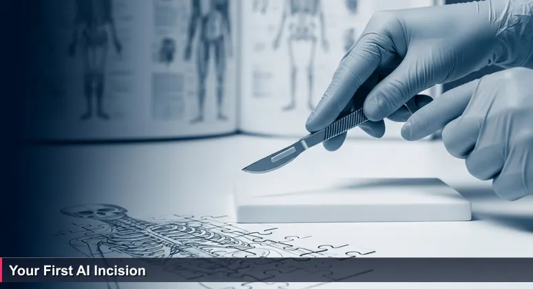 Hands holding a scalpel poised above a practice pad, symbolizing the transition from theoretical AI learning to practical career skills in Winston-Salem, NC.