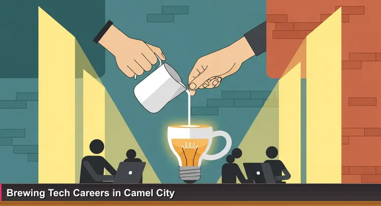 A barista pours coffee in a sunlit, renovated brick warehouse with tech workers on laptops at reclaimed wood tables, symbolizing Winston-Salem's blend of history and innovation.