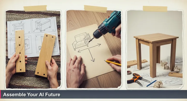 Close-up of hands trying to assemble mismatched furniture parts with a clear instruction manual on a carpet, symbolizing the challenge of learning AI engineering in Winston-Salem.