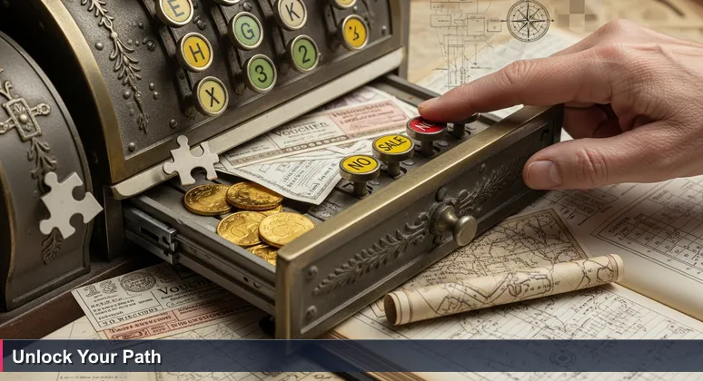 Vintage cash register with 'NO SALE' key pressed, revealing hidden compartment with funding vouchers and a map for tech training in Winston-Salem.
