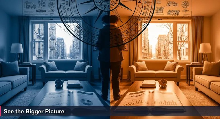 Illustration comparing two living environments: a bustling city view versus a serene neighborhood, with a real estate appraisal report, symbolizing the deeper value of AI salaries in Winston-Salem beyond base pay.