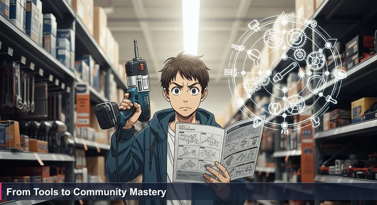 A professional in a Winston-Salem hardware store holds an AI tool and manual, looking determined amidst shelves of tools, symbolizing the journey from tool ownership to community-driven AI mastery.