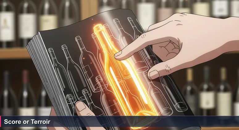 A hand holding a wine magazine with ratings, with unlabeled bottles in the background, symbolizing the choice between expert rankings and personal fit for AI careers in Winston-Salem.