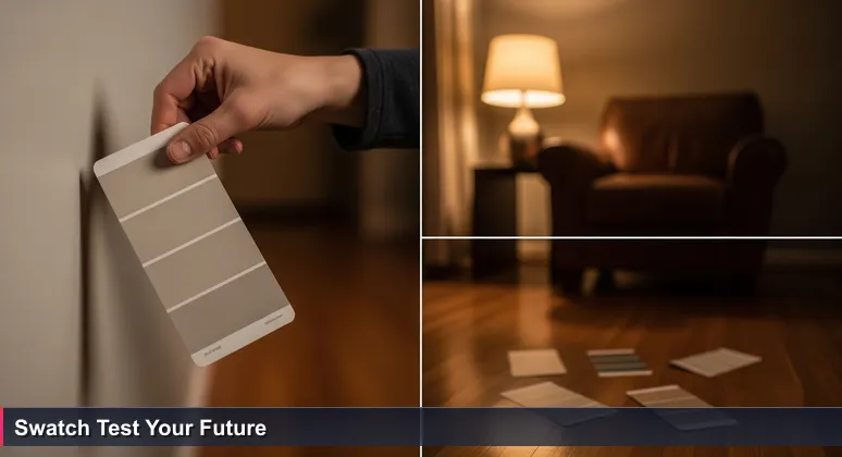 A hand holding a paint swatch against a warm-lit living room wall at dusk, with discarded swatches on the floor, symbolizing the search for the right AI bootcamp fit in Winston-Salem.