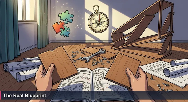 Hands holding mismatched flat-pack bookshelf pieces with an open manual showing an incorrect diagram, against a backdrop of a half-assembled, wobbly structure.