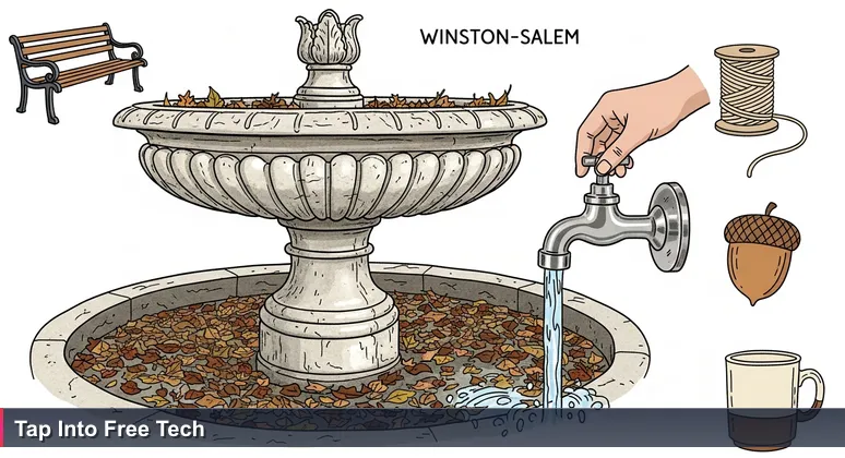 A close-up of a weathered public fountain in a Winston-Salem park, with a functional stainless-steel spigot on the side pouring water, symbolizing accessible free tech education.