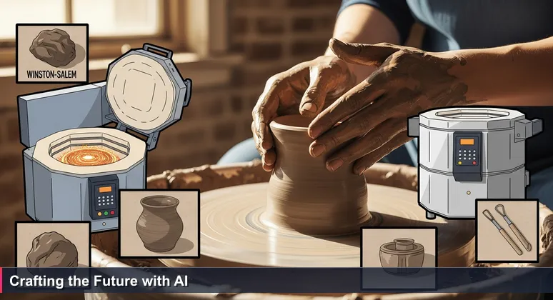 Potter's hands shaping clay on a wheel with a digital kiln in background, symbolizing AI innovation in Winston-Salem's traditional industries.