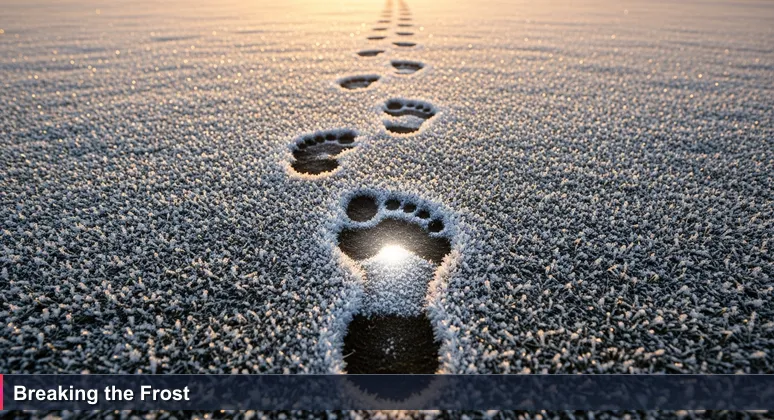 Close-up of footprints on frosty grass at dawn, symbolizing women pioneering tech careers in Winston-Salem, North Carolina.