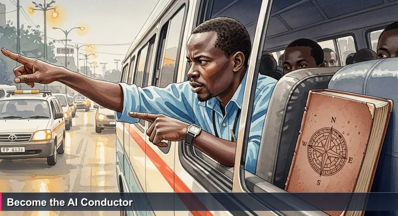 A Nairobi matatu conductor expertly signaling during evening rush, symbolizing the strategic orchestration needed for AI careers in Kenya's 2026 tech boom.