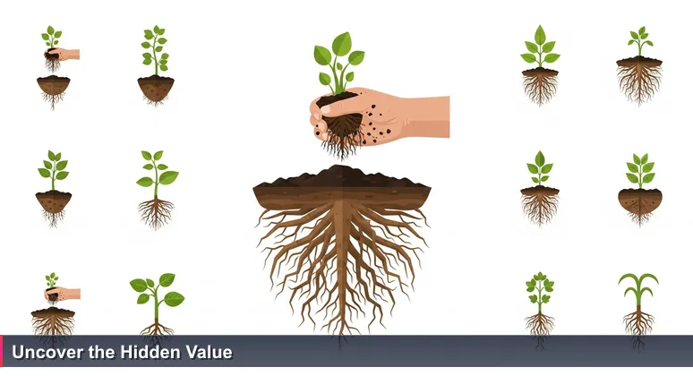 A soil-streaked hand holding a plant with leaves above ground and a massive root system below, symbolizing hidden value in Kenya's tech compensation.
