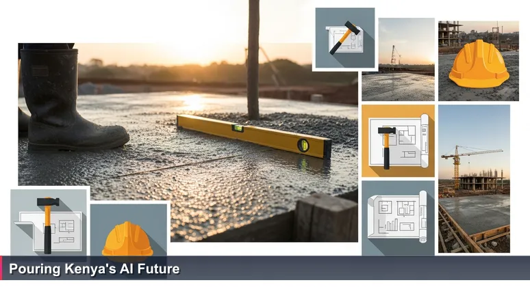 A dawn scene at a Nairobi construction site with a freshly poured concrete foundation, symbolizing the foundational work of Kenya's AI startups in 2026.