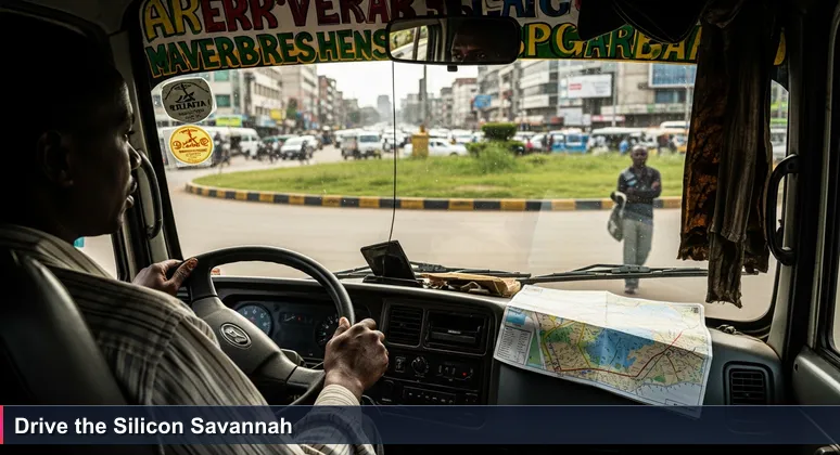 A brightly painted matatu bus skillfully navigating the chaotic traffic at Nairobi's Globe Cinema Roundabout, symbolizing the dynamic journey to AI engineering in Kenya's Silicon Savannah.