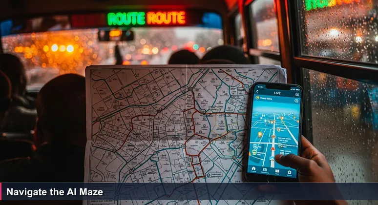 A first-person view from inside a Nairobi matatu at dusk, with a hand holding a paper map over a smartphone displaying navigation, symbolizing the journey through Kenya's AI networking ecosystem.