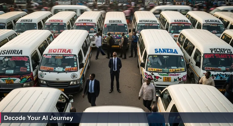 A busy matatu stage in Nairobi at sunrise, with a young professional analyzing destination signs on colorful minibuses, symbolizing AI career choices in Kenya.