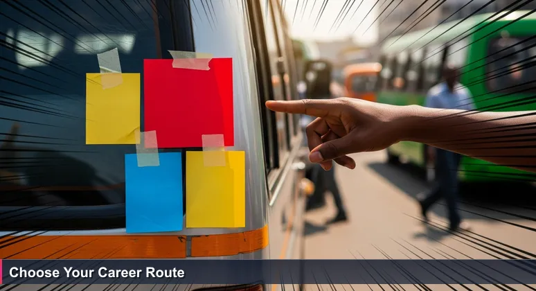 A hand choosing between colorful route cards at a busy Nairobi matatu stage, symbolizing tech career choices in Kenya.