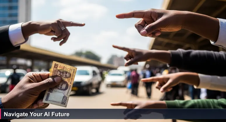 A close-up of a hand holding a crumpled 200 Kenyan shillings note, hesitating over multiple matatu signs at a bustling Nairobi terminal.