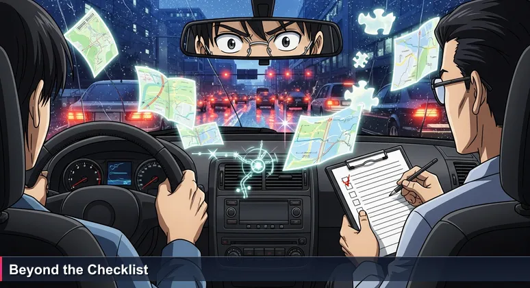 An anxious driver in Nairobi traffic gripping the steering wheel, checking the rearview mirror with a driving examiner holding a clipboard, symbolizing Kenya's high-stakes cybersecurity job market.