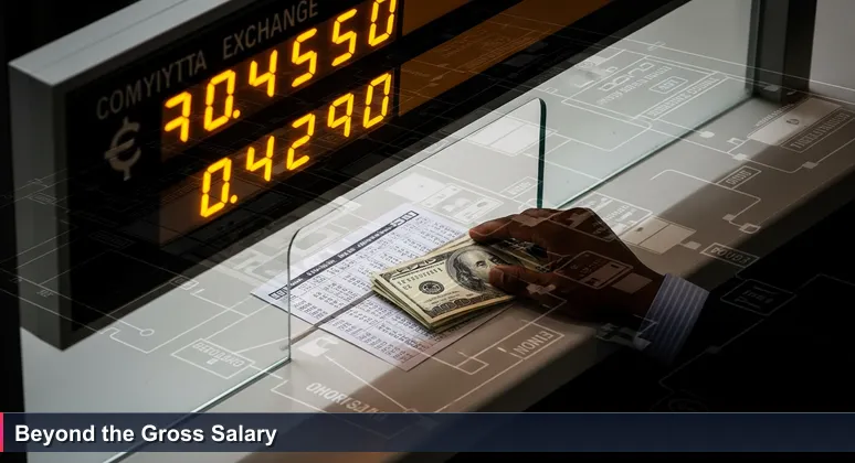 A hand holding US dollars at a Nairobi currency exchange counter, with a bright electronic board showing a high rate and small print listing hidden fees, symbolizing tech salary deductions.