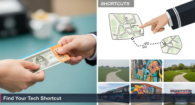 Close-up of hands exchanging a 50-shilling note for a matatu ticket in Nairobi, with a conductor pointing to a handwritten route map on the window, symbolizing hidden tech training opportunities in Kenya.