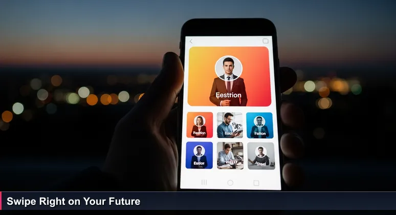 A thumb hovering over a smartphone screen showing two contrasting dating app profiles: a polished professional and a hands-on maker in a workshop, symbolizing Kenya's tech hub choices.