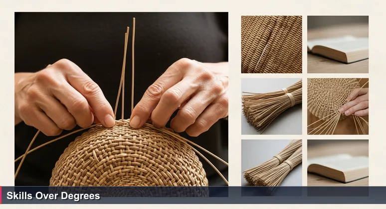 Weathered hands expertly weaving a kiondo basket, symbolizing practical skill over formal education in Kenya's 2026 tech job market, with a blurred unused textbook in the background.
