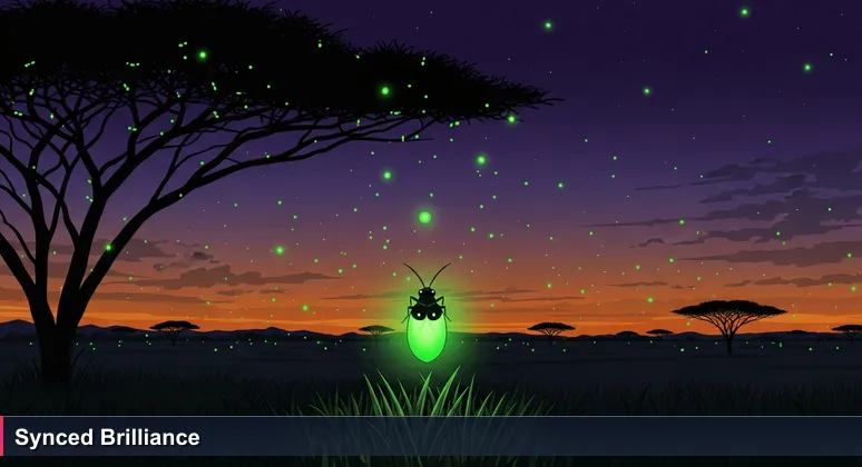 Fireflies synchronizing their lights in a Kenyan savanna at dusk, symbolizing the collective power of women in tech networks.