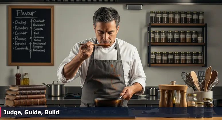 A chef tasting sauce with intense focus, symbolizing the critical judgment needed for AI careers in Round Rock's tech ecosystem
