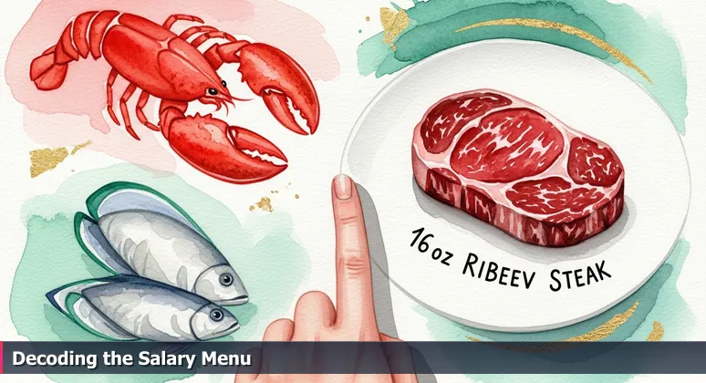 A close-up of a polished restaurant menu showing lobster with 'Market Price' and ribeye with a fixed price, symbolizing career choices in tech compensation for Round Rock, TX professionals.