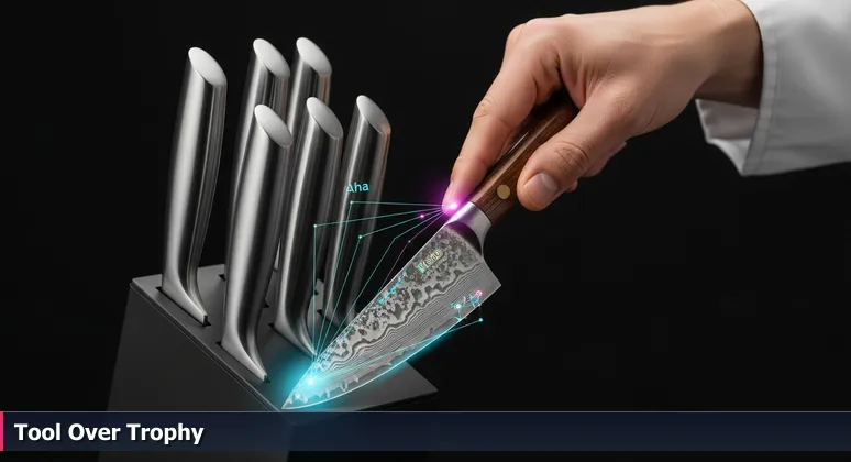 A chef's hand selecting a seasoned knife from shiny new ones, symbolizing reliable tech career choices in Round Rock, Texas.