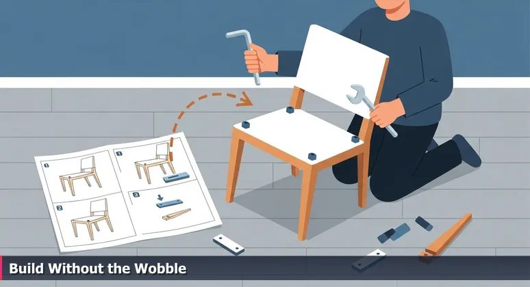 A person kneeling on a laminate floor, using an allen wrench to assemble a modern chair that wobbles slightly, with parts and instructions scattered around.