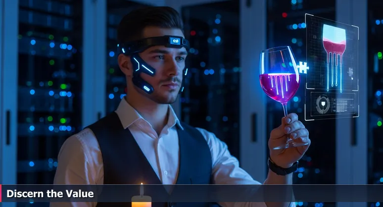 A sommelier examining a glass of wine in a cellar, representing expert analysis of 2026 AI salaries in Round Rock, Texas