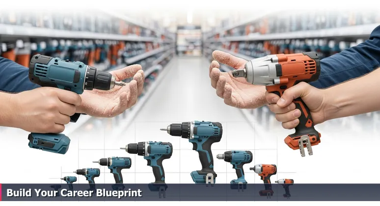 Close-up of hands holding a drill and impact wrench with sawdust in a hardware store, symbolizing tech career choices in Round Rock, TX.