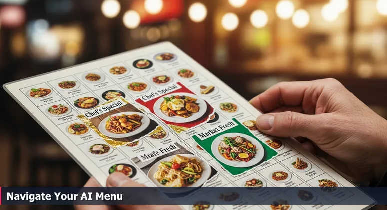 Close-up of hands holding a laminated restaurant menu with many similar options in a busy food hall, symbolizing the choice of AI bootcamps in Round Rock, TX.