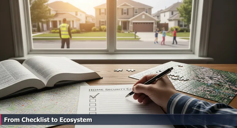 A hand checking off a home security checklist with a view of a Round Rock neighborhood through a window, symbolizing the cybersecurity job ecosystem.
