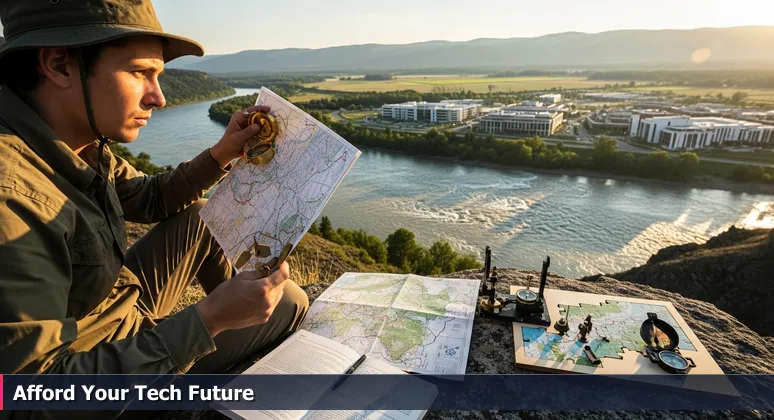 A person on a ridge at sunrise holding a map, overlooking a tech campus across a river, symbolizing career migration to Round Rock, TX.
