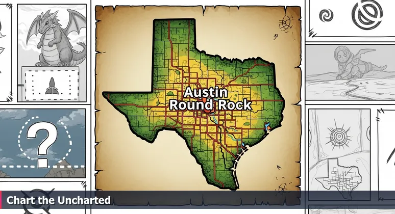 Aged parchment map of Texas with detailed Austin-Round Rock area and mythical sketches symbolizing uncharted AI career opportunities in various industries.