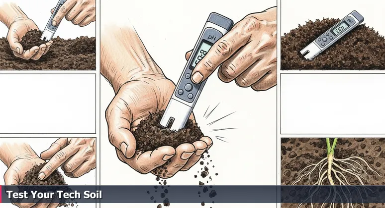 A gardener's hands testing soil with a digital pH meter, symbolizing the search for the ideal tech coworking space in Round Rock, Texas.